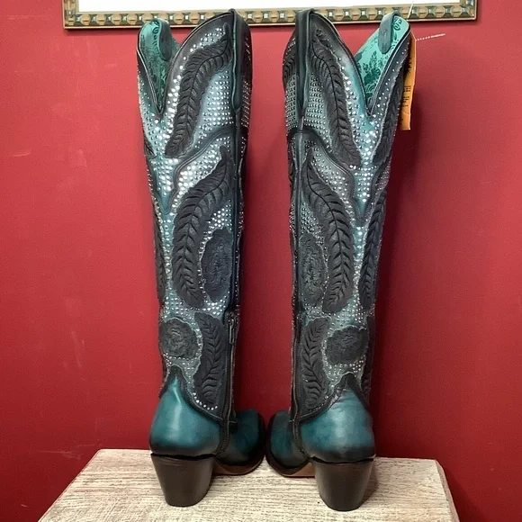 CORRAL Willow Over The Knee  Black & Turquoise Western Boots ~3” Heel Inside Zip - Picture 13 of 16